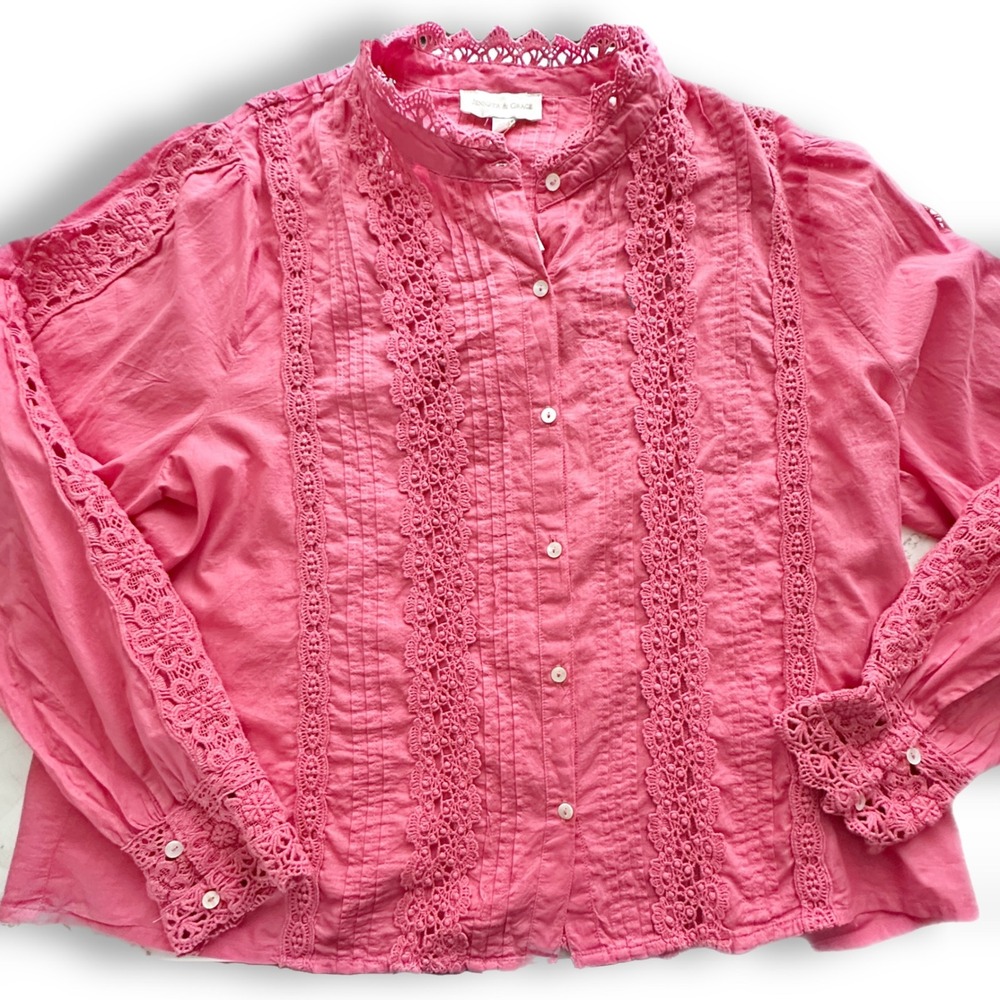 Jennifer & Grace 100% Cotton Long Sleeve Pink Lace Trim Blouse Women's Size XL
